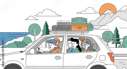 Family road trip in a car with luggage on a scenic route.