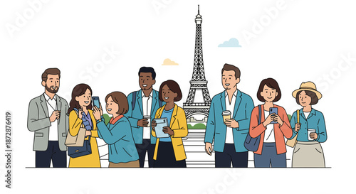 Diverse group of tourists visiting the Eiffel Tower in Paris, France, enjoying their travel experience.