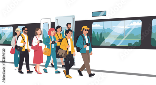 Diverse group of people walking on a train platform.