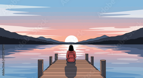 Woman sitting alone on a wooden dock at sunset.