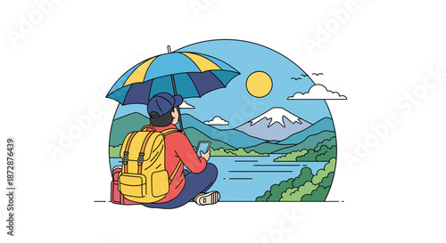 Person sitting with umbrella enjoying scenic mountain landscape.
