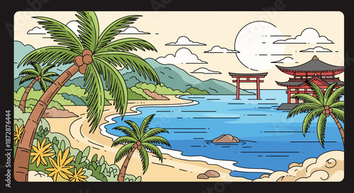 Serene Japanese beach scene with torii gate and pagoda at dusk.