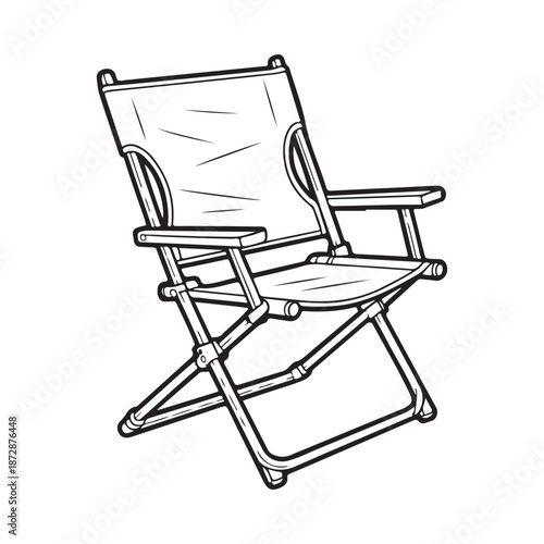Simple black and white illustration of a foldable camping chair with armrests and seat