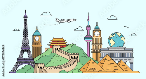 Famous landmarks from around the world in a colorful illustration.