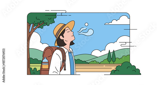 Cartoon traveler with backpack standing in a serene landscape.