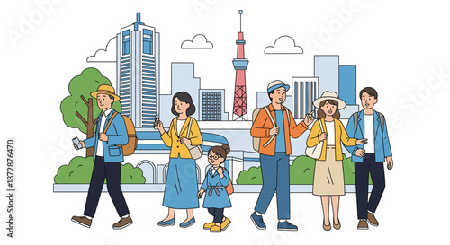 Family of tourists exploring cityscape together with Tokyo skyline.