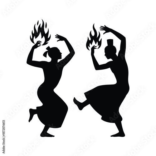 Traditional Fire Dance Silhouette, Cultural Ritual Dancers Holding Flames Vector Illustration