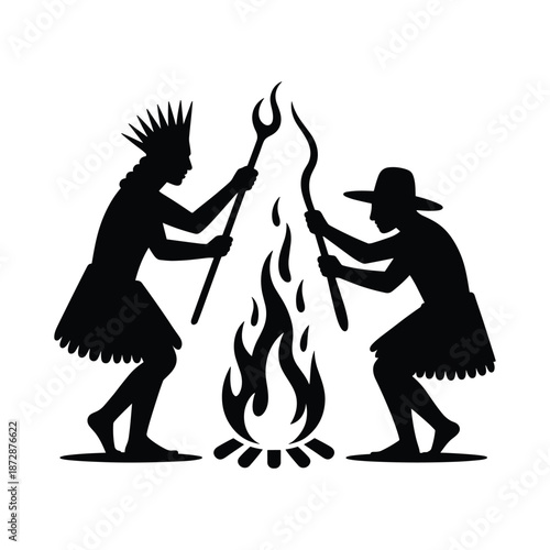 People Dancing Around Bonfire in a Circle, Traditional Fire Ritual Celebration Silhouette Vector