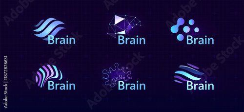 Brain Logo Icon Smart Digital Transformation Symbol AI Artificial Intelligence Computer Neural Science Research Technology. Abstract Creative Future Brains Set Logos Purple Color. Vector Illustration