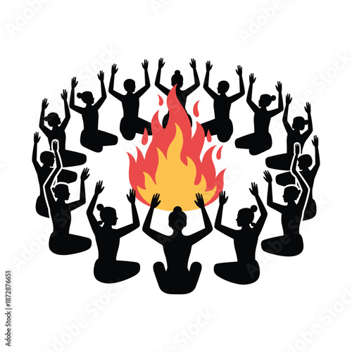 People Dancing Around Bonfire at Night, Traditional Fire Celebration Silhouette Vector Illustration