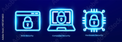 Web Security Protection Browser Privacy Anti Phishing Monitoring Icons Set. Computer Endpoint Defense Neon Logo. Hardware Security Business Digital Transformation Infographics. Vector Illustration