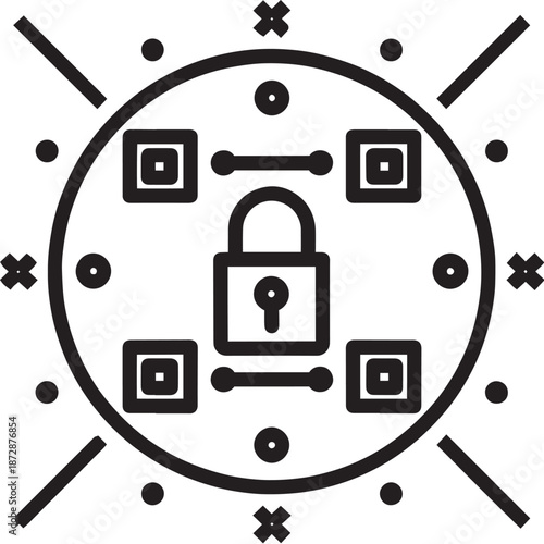 Security circle with padlock qr codes and abstract shapes in black outline