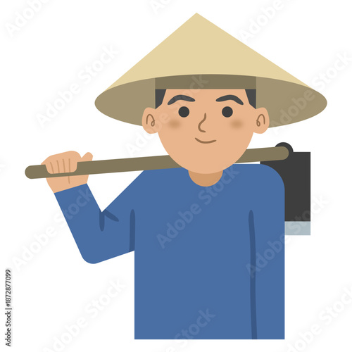 Vector illustration of an Asian farmer with conical hat and a hoe