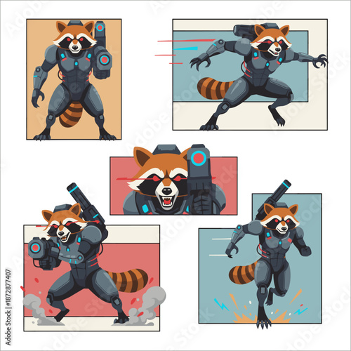 5 posses of fictional cyborg raccoon in flat color block vector illustration