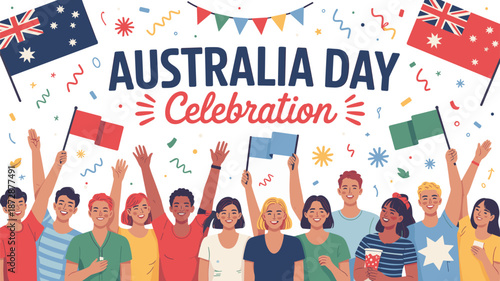 Australia Day Celebration Vector with Diverse People, Australian Flags, Confetti and Festive Decorations on White Background