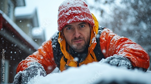 Person clearing snow from a roof, emphasizing winter maintenance and safety