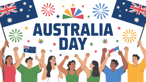 Australia Day Celebration Vector with Happy People, Australian Flags and Colorful Fireworks on White Background