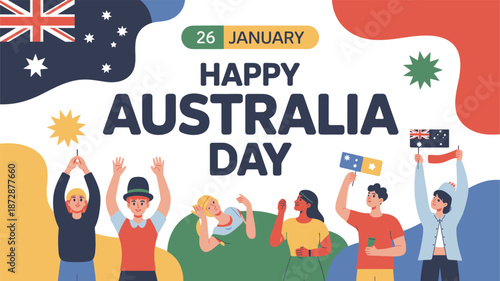 Happy Australia Day January 26 Vector with Diverse People, Australian Flags and Festive Celebration on White Background