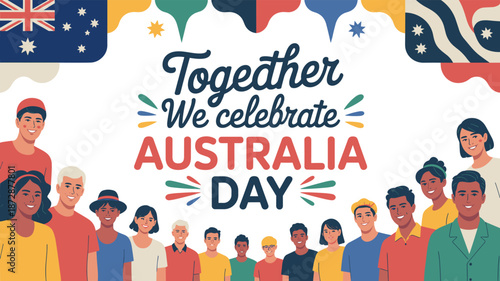 Together We Celebrate Australia Day Vector with Diverse People, Australian Flags and Community Pride on White Background