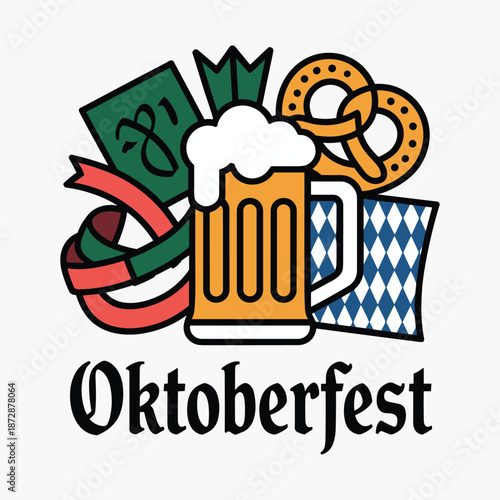 Oktoberfest Celebration Vector with Beer Mug, Pretzel, Sausage and Bavarian Pattern on White Background