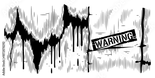 Abstract sound wave frequency with grunge texture and a warning sign stamp