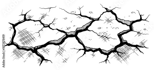 Hand drawn large ground crack with cross hatching details on white background