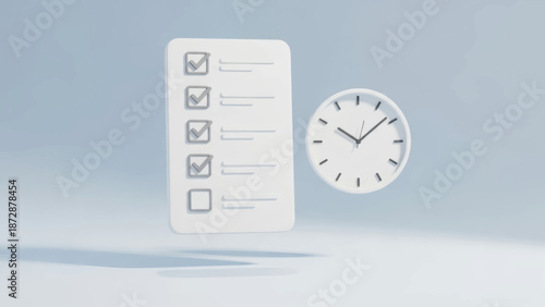 White Checklist with Checked Boxes and Clock on Blue Background