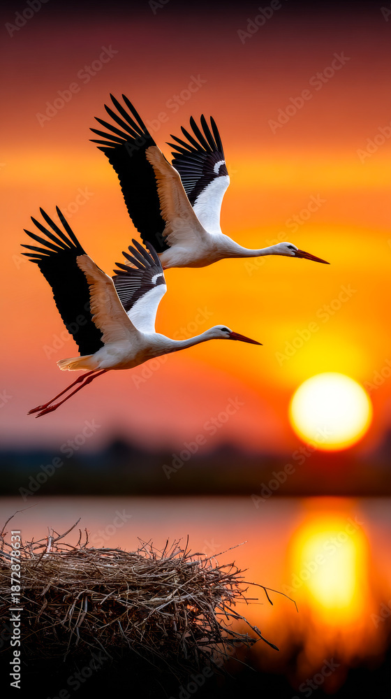 Obraz premium Two cranes flying at sunset by the water. Two cranes are flying above a nest at sunset near a water body.