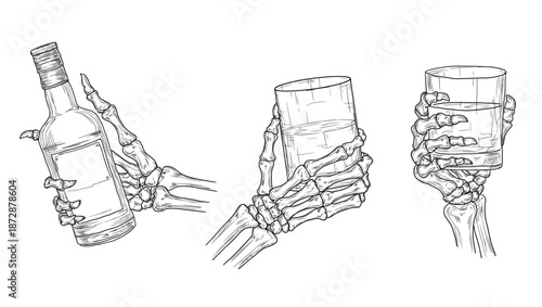 A skeleton's hand holding glass of drink, black and white sketch. Vector illustration. Dead man's bony fingers hold bottle, isolated on white background. Suitable for various occasions, for printing 