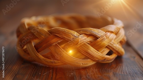 Close-up of a braided bread ring on a wooden table with warm lighting.