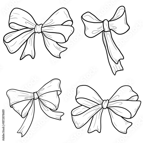 Satin ribbon bow, silhouette set, black and white sketch. Vector illustration. Flirty knot, isolated onbackground. Elegant, feminine design element for birthday, new year, valentine's day and wedding