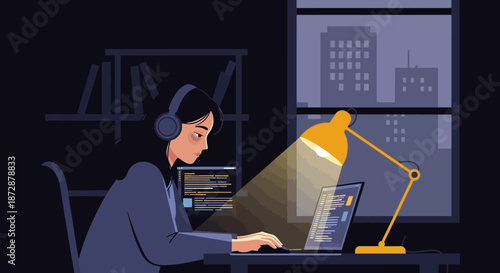 Tired female developer coding late night under desk lamp.