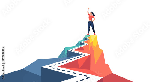 Successful businesswoman stands on mountain peak after difficult path