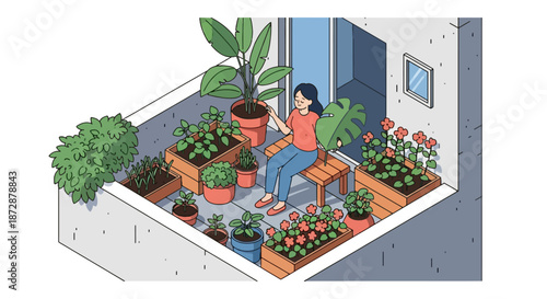 Woman relaxing among potted plants in an isometric urban balcony garden.