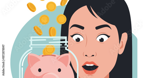 Surprised woman watching money fall into piggy bank savings jar