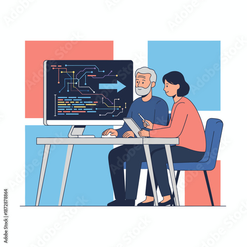 Software developers analyzing data flow on a computer screen