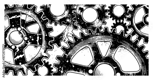 Detailed industrial gear mechanism background in vintage engraving style