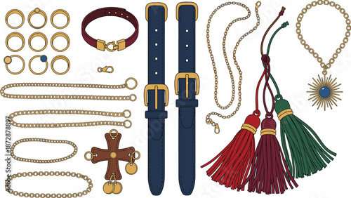 Luxury Fashion Accessories Set Featuring Gold Chains, Rings, Leather Belts, Silk Tassels, Cross Pendant, and Elegant Jewelry Elements for Stylish Boutique Vector Design.