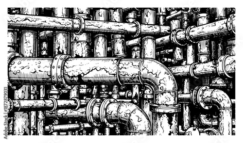 Complex industrial piping background featuring old rusty metal tubes