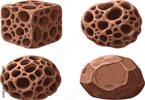 PrintPorous brown volcanic rock and sponge stone vector set featuring textured pumice boulders with holes for natural landscape design or game environment elements.