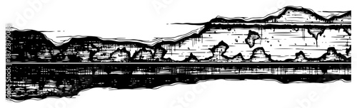 Abstract panoramic landscape sketch showing water reflection and rocky shoreline