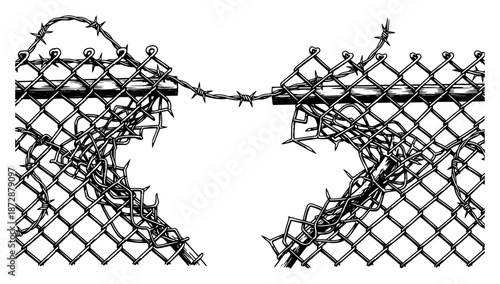 Broken chain link fence with a large hole and barbed wire