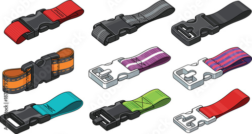 Set of colorful plastic and metal side release buckles with nylon webbing straps for luggage backpacks and outdoor gear equipment vector illustration