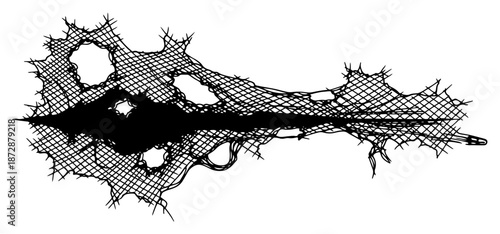 Hand drawn torn spider web illustration with holes and cross hatching