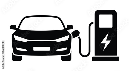 Black and white vector illustration of electric car charging