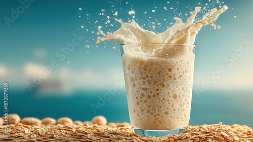 Refreshing Oat Milk Splash in Glass with Grains and Ocean Background.