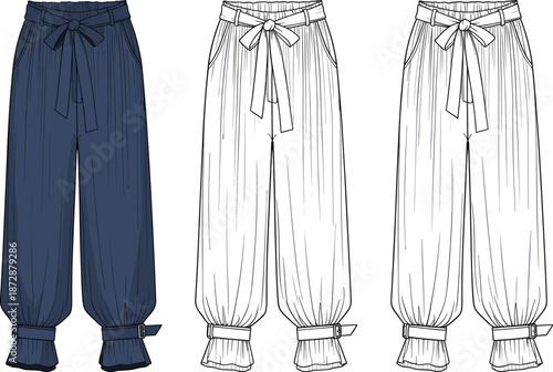 Fashion technical sketch of women high waist pleated trousers with bow belt and buckled cuffs in navy blue and black white line,