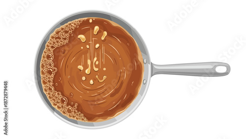 An inviting overhead view captures a rich, bubbling brown sauce simmering in a sleek silver pan