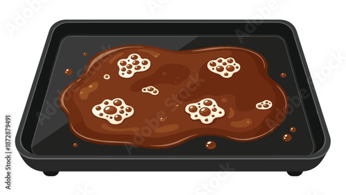 Sweet dessert preparation in a baking pan, gooey chocolate liquid with frothy bubbles, ready for oven baking process. Homemade treat illustration.