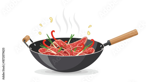 Preparing a delightful Asian stir-fry in a hot wok with tender beef slices, crisp red peppers, and fragrant spring onions, creating a wonderful aroma